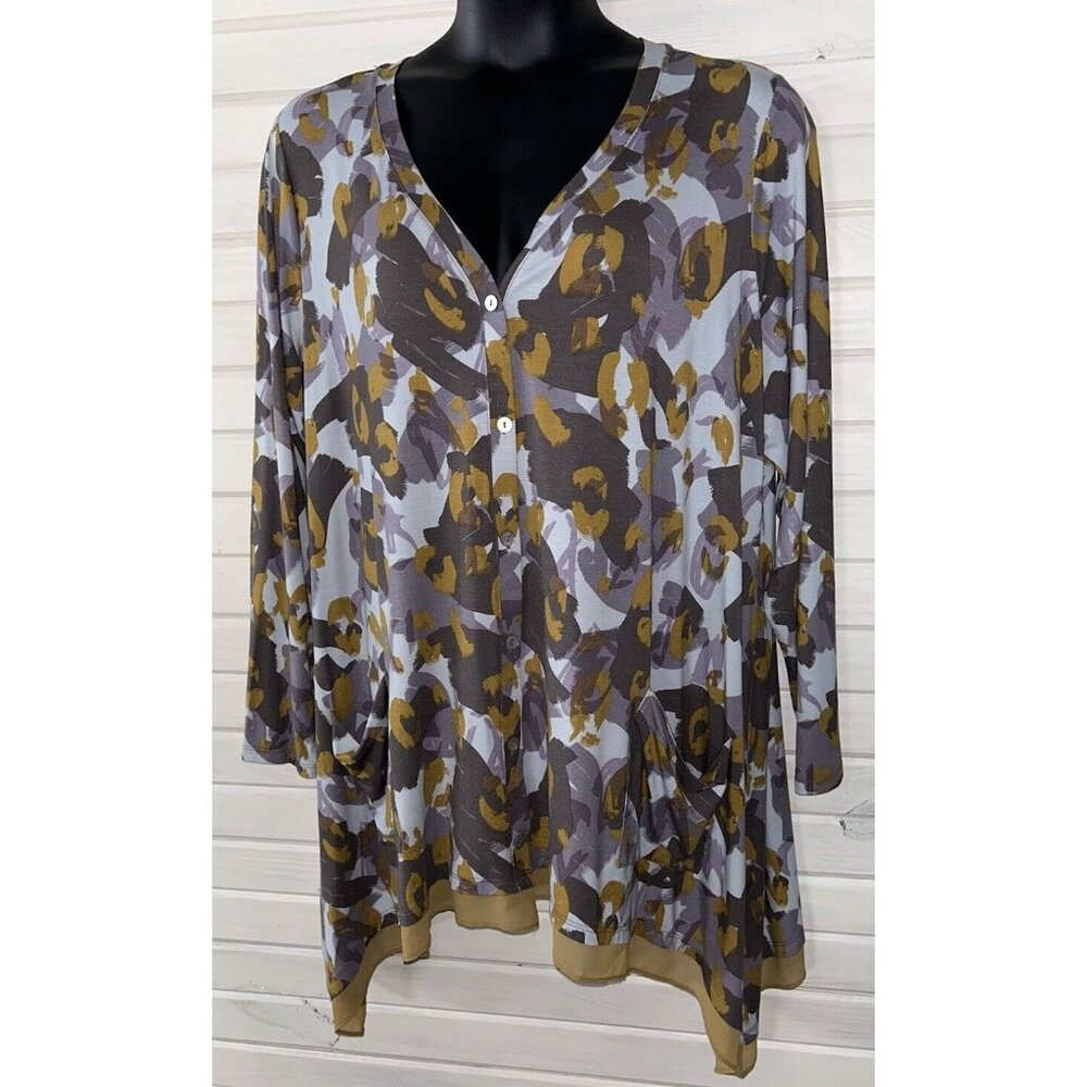 Logo Lori Goldstein Sz PLUS 2X Printed Button Front Cardigan Chiffon Hem EUC